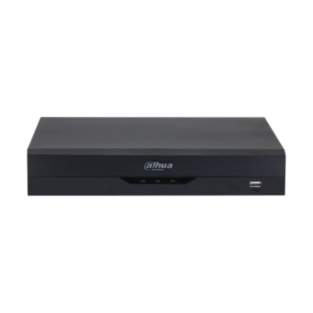 Grabador DVR Dahua modelo DH-XVR5104HS-5M-I3/T con 10 canales, 4 analógicos y hasta 6 IP, frontal del dispositivo en color negro