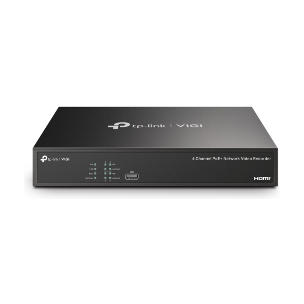 Grabador NVR Tplink VIGI NVR1004H de 4 canales con soporte PoE y salida HDMI en vista frontal para seguridad en Colombia