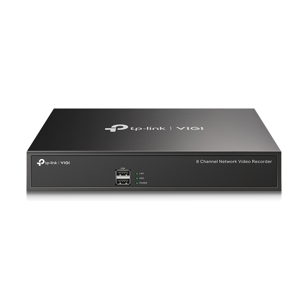 Grabador NVR Tplink VIGI NVR1008H-8P de 8 canales con PoE y salida HDMI 4K mostrado de frente
