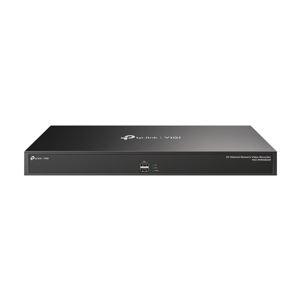 Grabador de video en red TPLink VIGI NVR4032H de 32 canales con puertos USB y LAN en vista frontal para seguridad