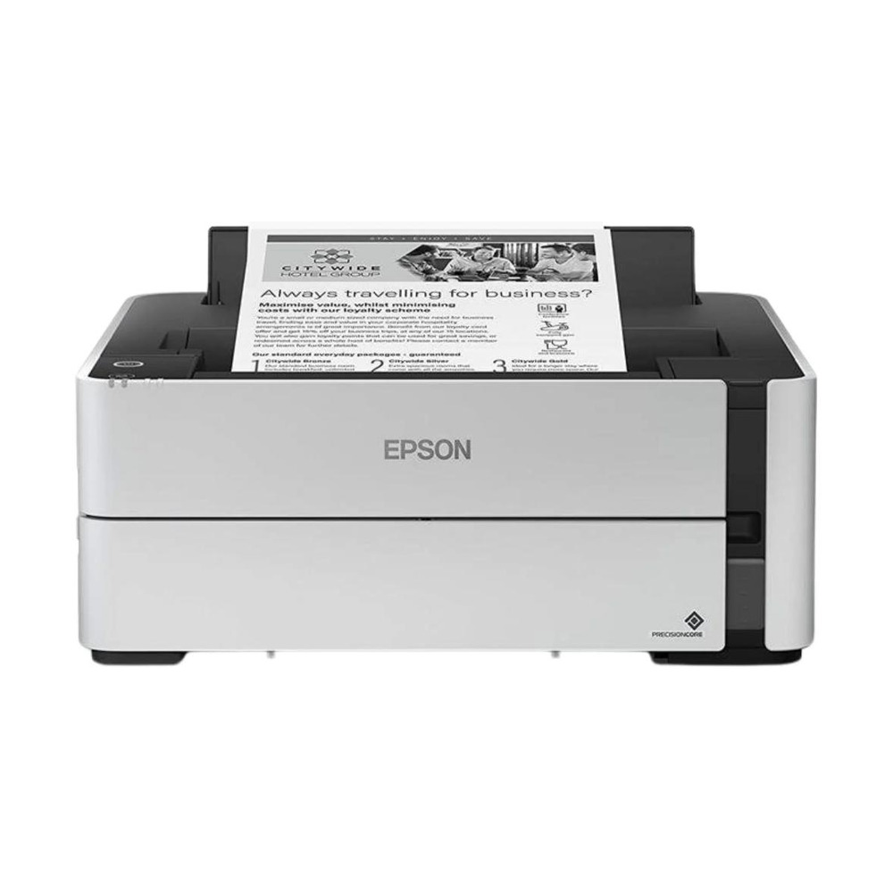 Impresora Epson EcoTank M1180 modelo C11CG94301 vista frontal con impresión monocromática en proceso, ideal para oficina en Bogotá Colombia