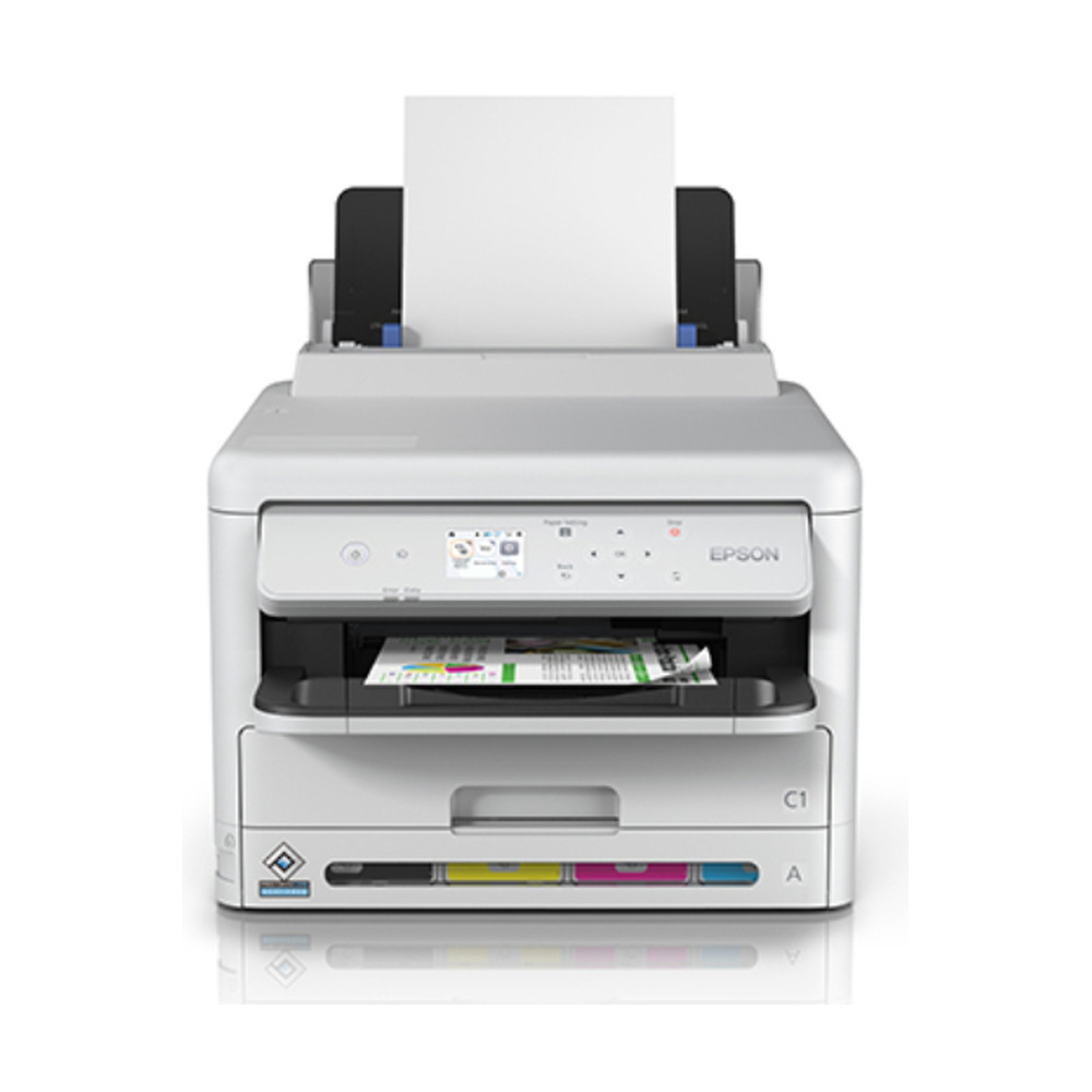 Impresora Epson WorkForce Pro WF-C5390 modelo C11CK25301 vista frontal con papel cargado y bandeja de salida abierta