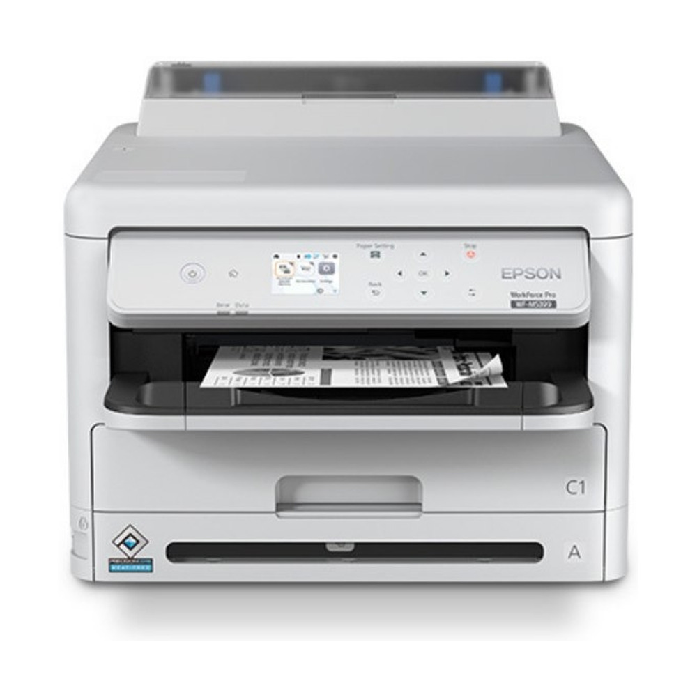Impresora Epson WorkForce Pro WF-M5399 en color blanco mostrando impresión monocromática desde su bandeja frontal