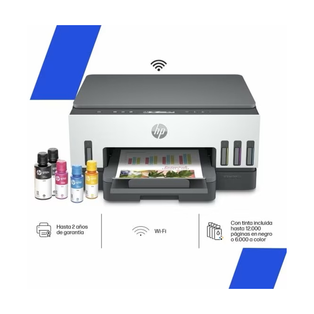 Impresora multifuncional HP modelo 6UU46A#AKY con conexión Wi-Fi y tinta incluida para impresión en negro y color