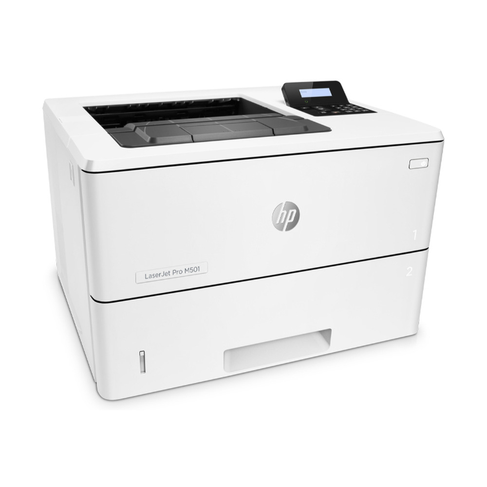 Impresora HP LaserJet Pro M501dn en color blanco mostrando su diseño frontal con bandeja para 650 hojas y panel de control digital