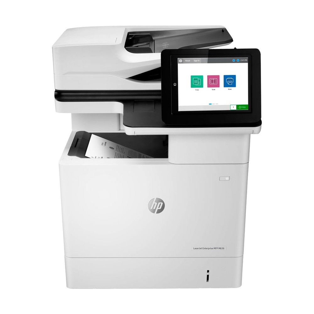 Impresora HP LaserJet Enterprise MFP M636fh con panel táctil a color en vista frontal mostrando funciones de copia, escaneo e impresión