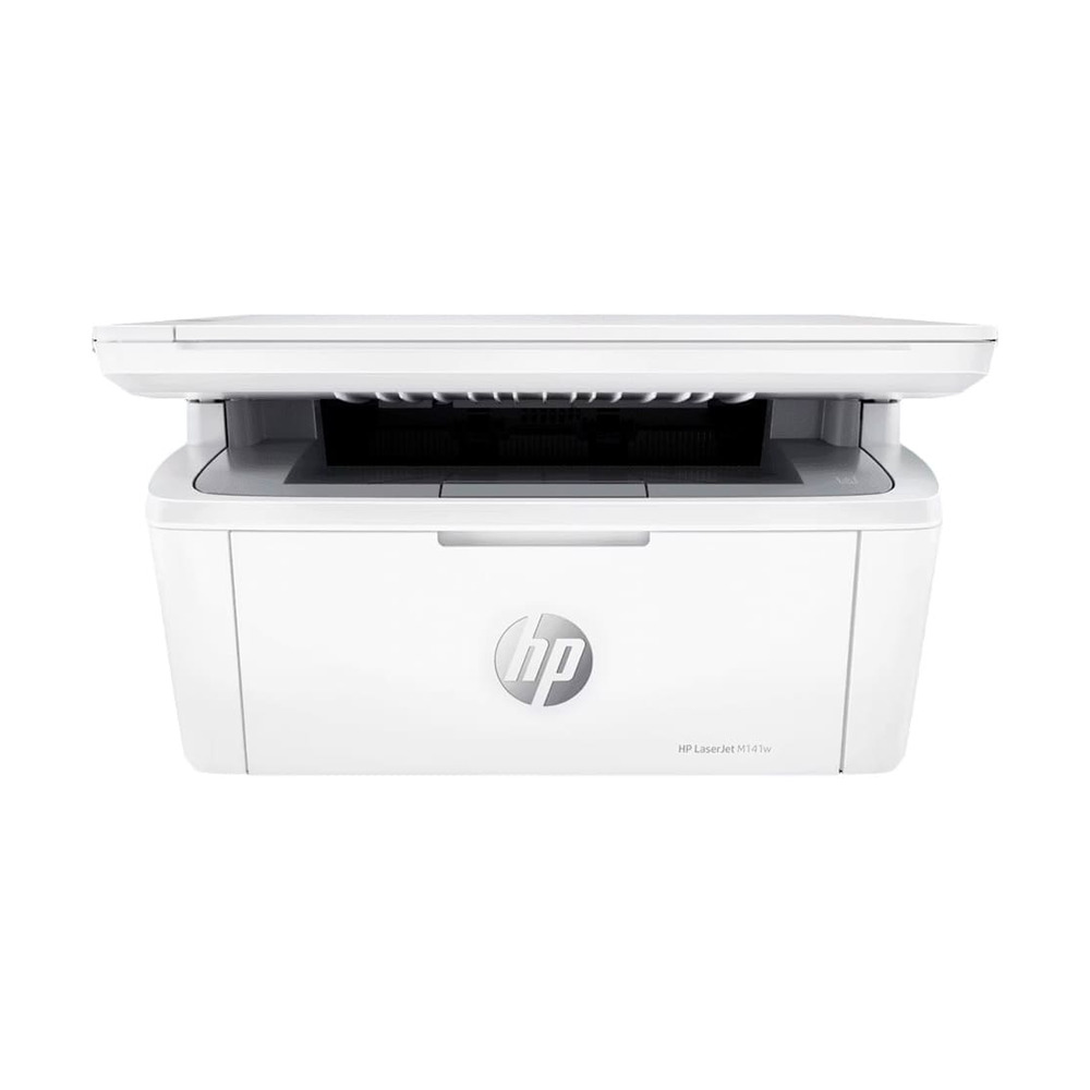 Impresora multifuncional HP LaserJet M141w en color blanco vista frontal con tapa abierta para escaneo e impresión wifi