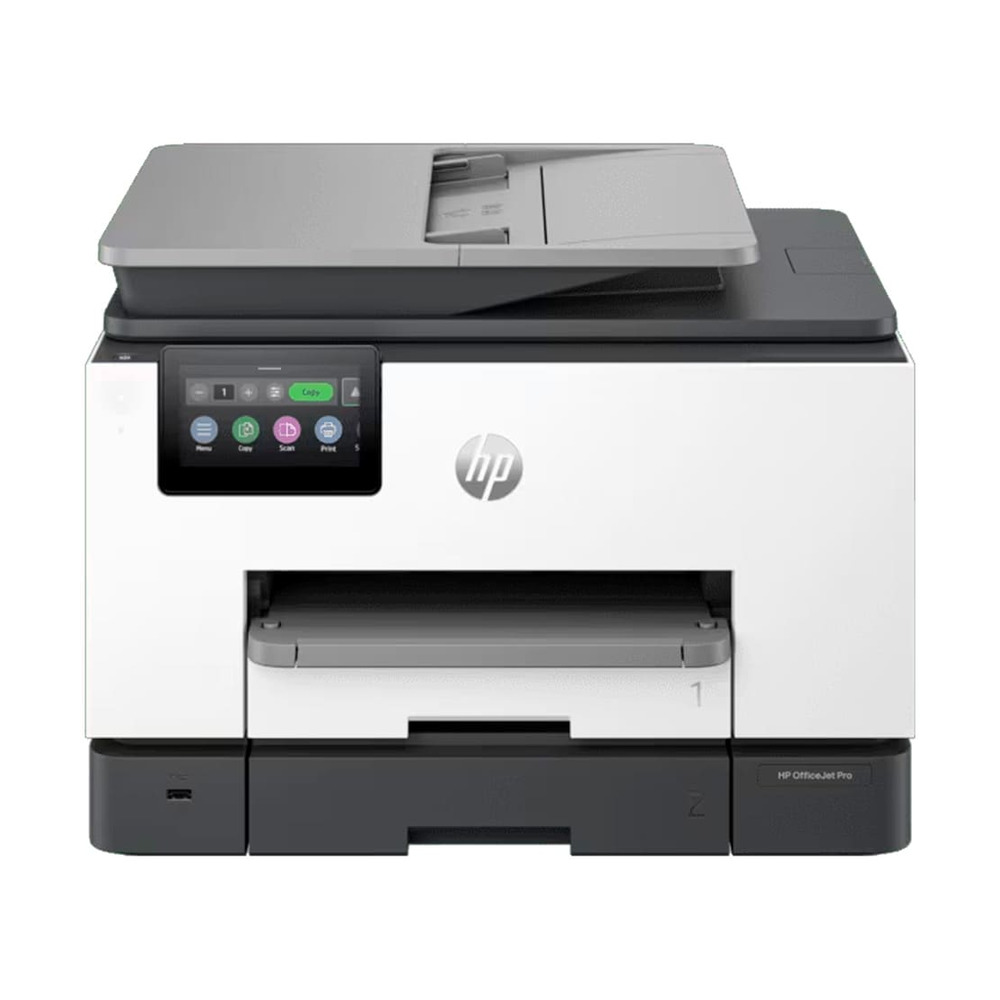 Impresora multifuncional HP OfficeJet Pro 9130 modelo 404K5C#AKY con pantalla táctil a color y diseño compacto en vista frontal