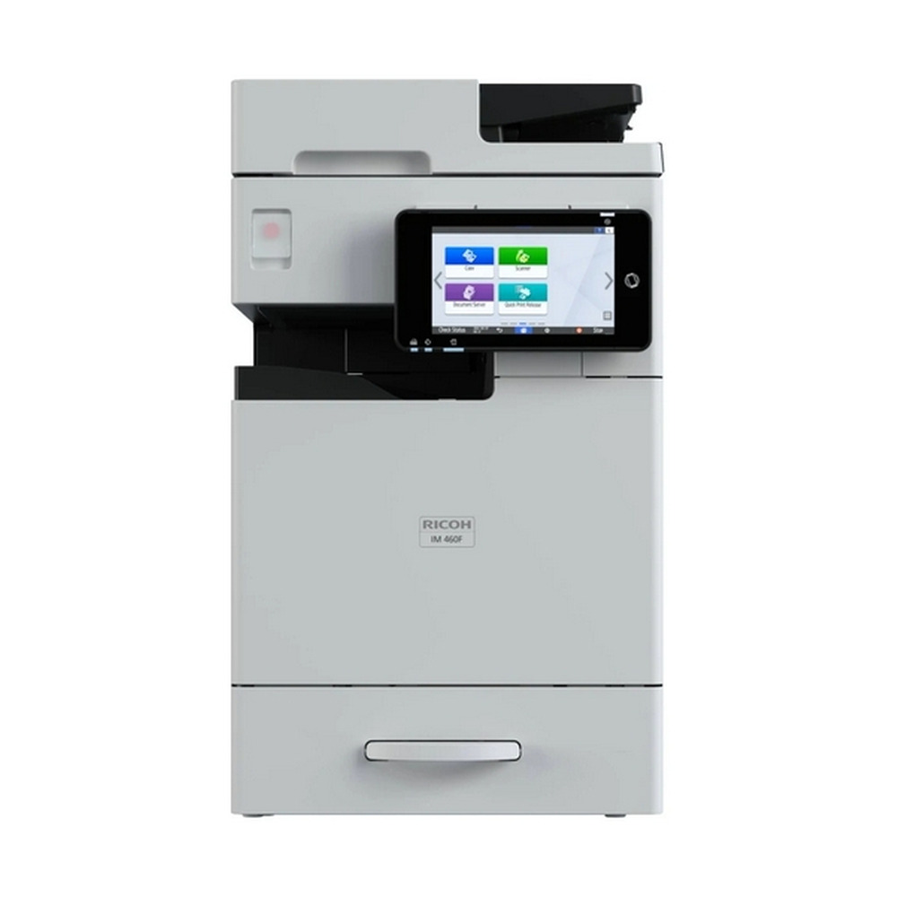 Impresora multifuncional monocromática Ricoh IM 460F modelo 423501 vista frontal con pantalla táctil color y diseño compacto