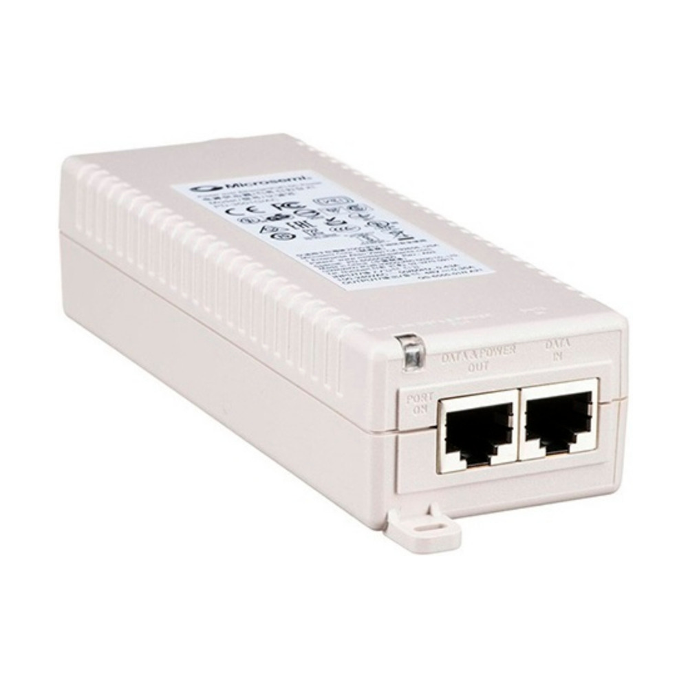 Inyector POE Aruba Instant On modelo R9M77A con estándar 802.3at mostrando puertos ethernet para alimentación y datos