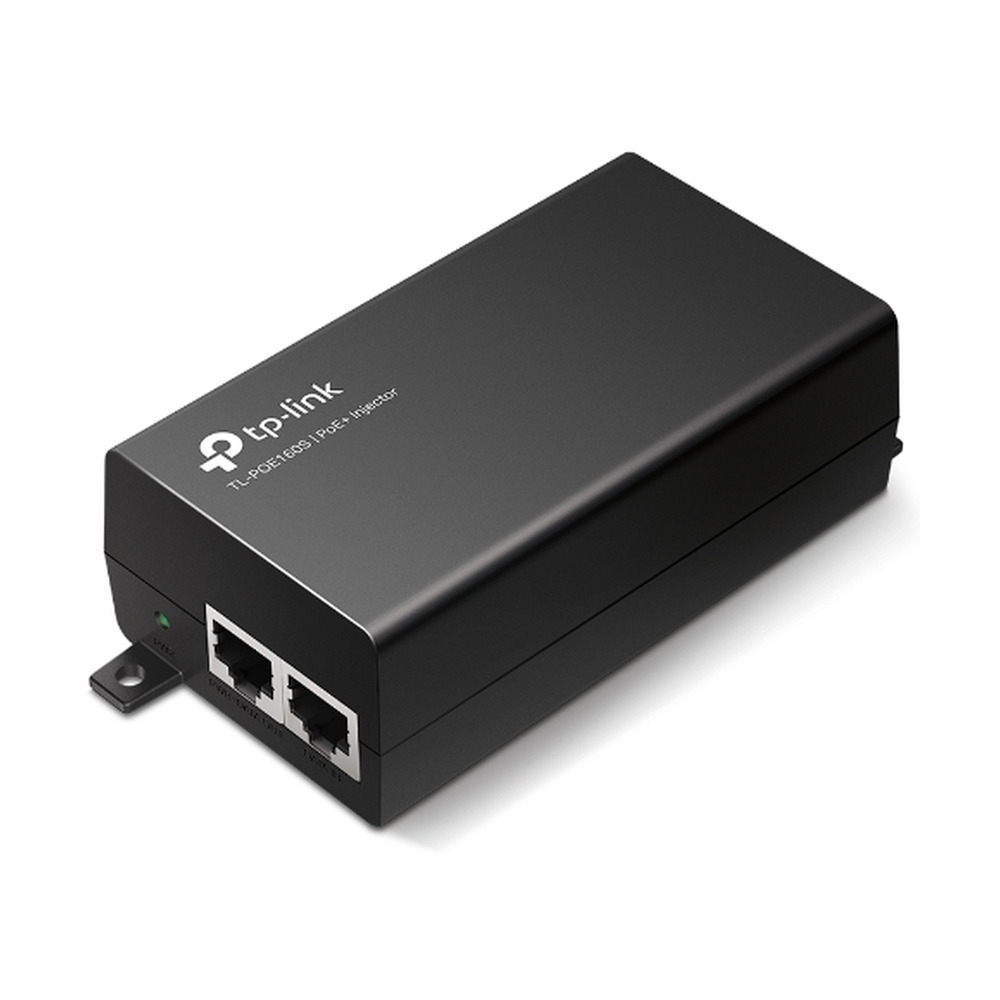 Inyector PoE++ Tplink Omada modelo POE160S de 30w con dos puertos ethernet en vista lateral para conexiones de red