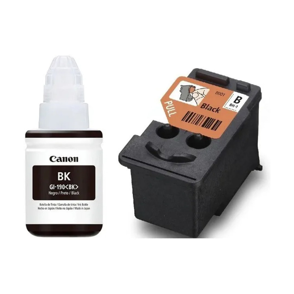 Kit de cabezal Canon BH-1 junto a botella de tinta negra GI-190 modelo 0692C004AA para impresoras Canon suministros en Bogotá