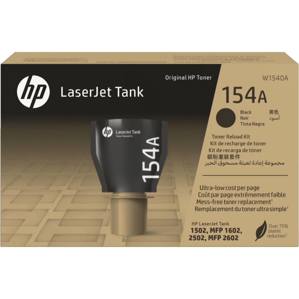 Kit de recarga de tóner HP 154A modelo W1540A en caja frontal con diseño original para impresoras LaserJet en color negro