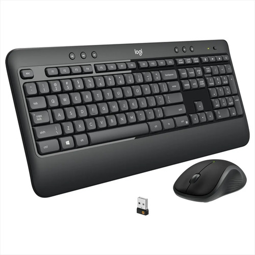 Teclado y mouse inalámbrico Logitech MK540 con receptor USB mostrando vista lateral y accesorios