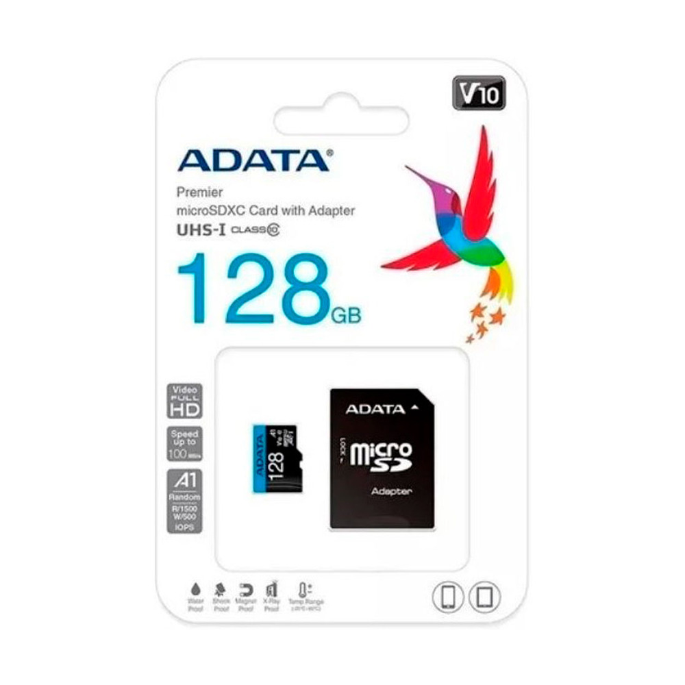 Memoria micro SD ADATA modelo AUSDX128GUICL10A1-RA1 de 128GB con adaptador SD clase 10 y certificación A1 en empaque