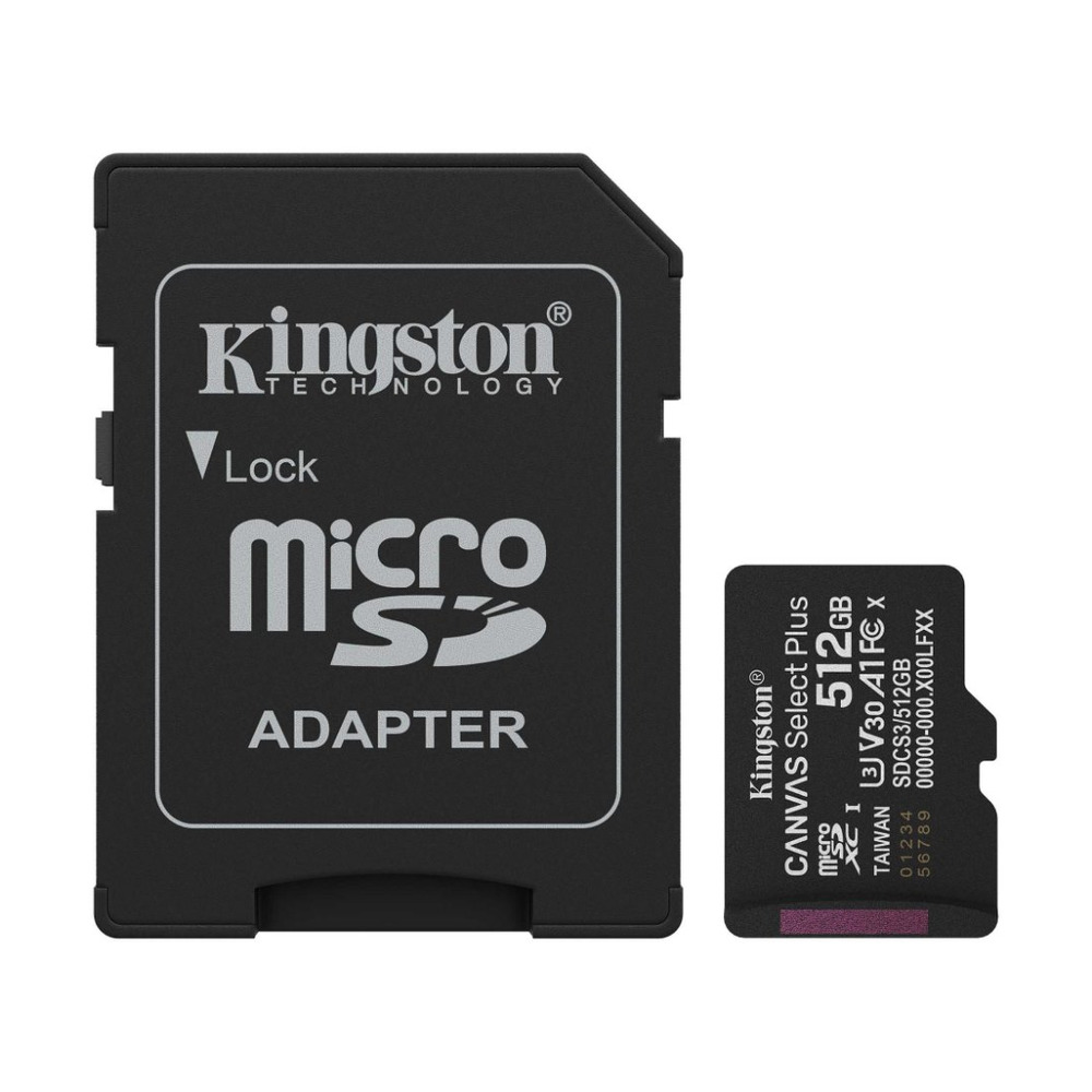 Memoria micro SD Kingston Canvas Select Plus Gen3 512GB junto a su adaptador para uso en dispositivos con ranura SD