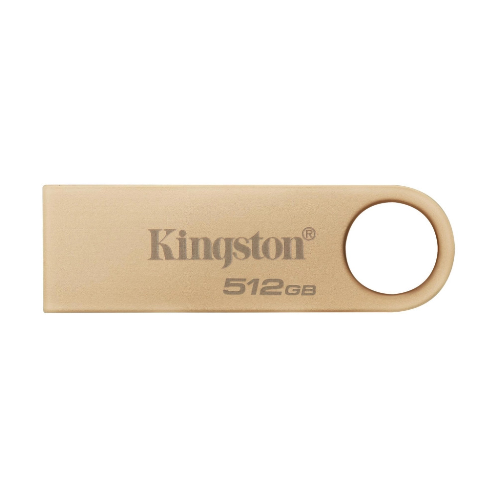 Memoria USB 3.2 Kingston DataTraveler SE9 G3 512GB color dorado con diseño metálico y aro para llavero vista frontal