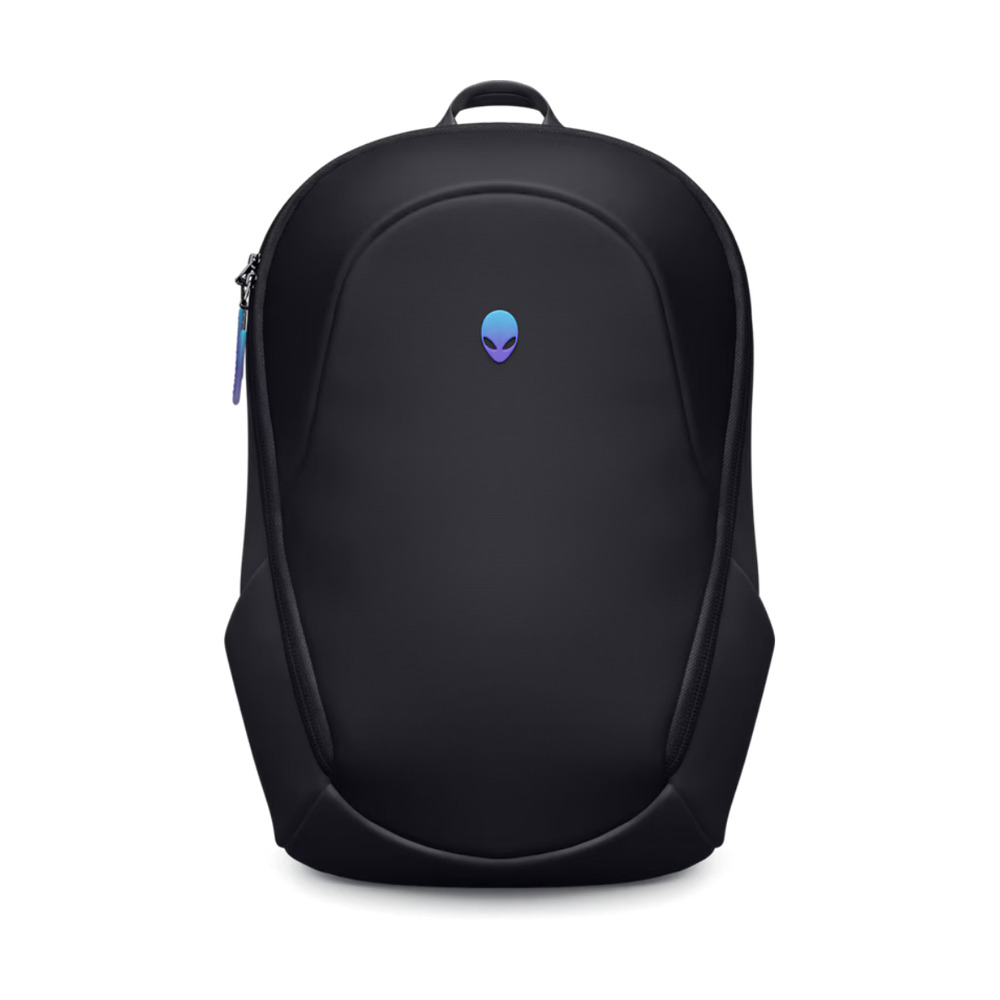 Mochila Dell Alienware AW5625P negra para laptop de 16 pulgadas vista frontal con diseño gamer y logo alienígena