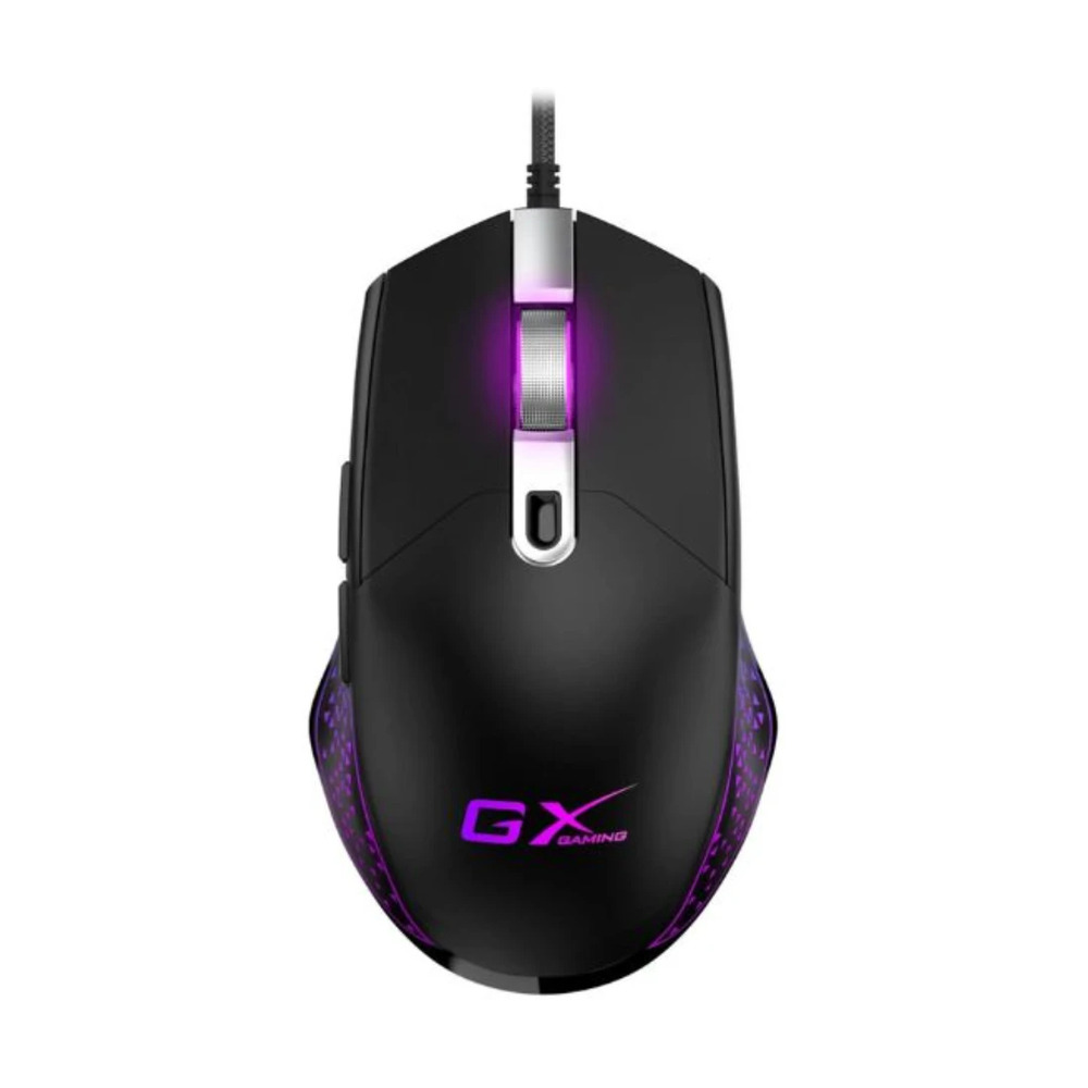 Mouse alámbrico gamer Genius Scorpion M705 color negro con luz led morada en la rueda y logo frontal para juegos