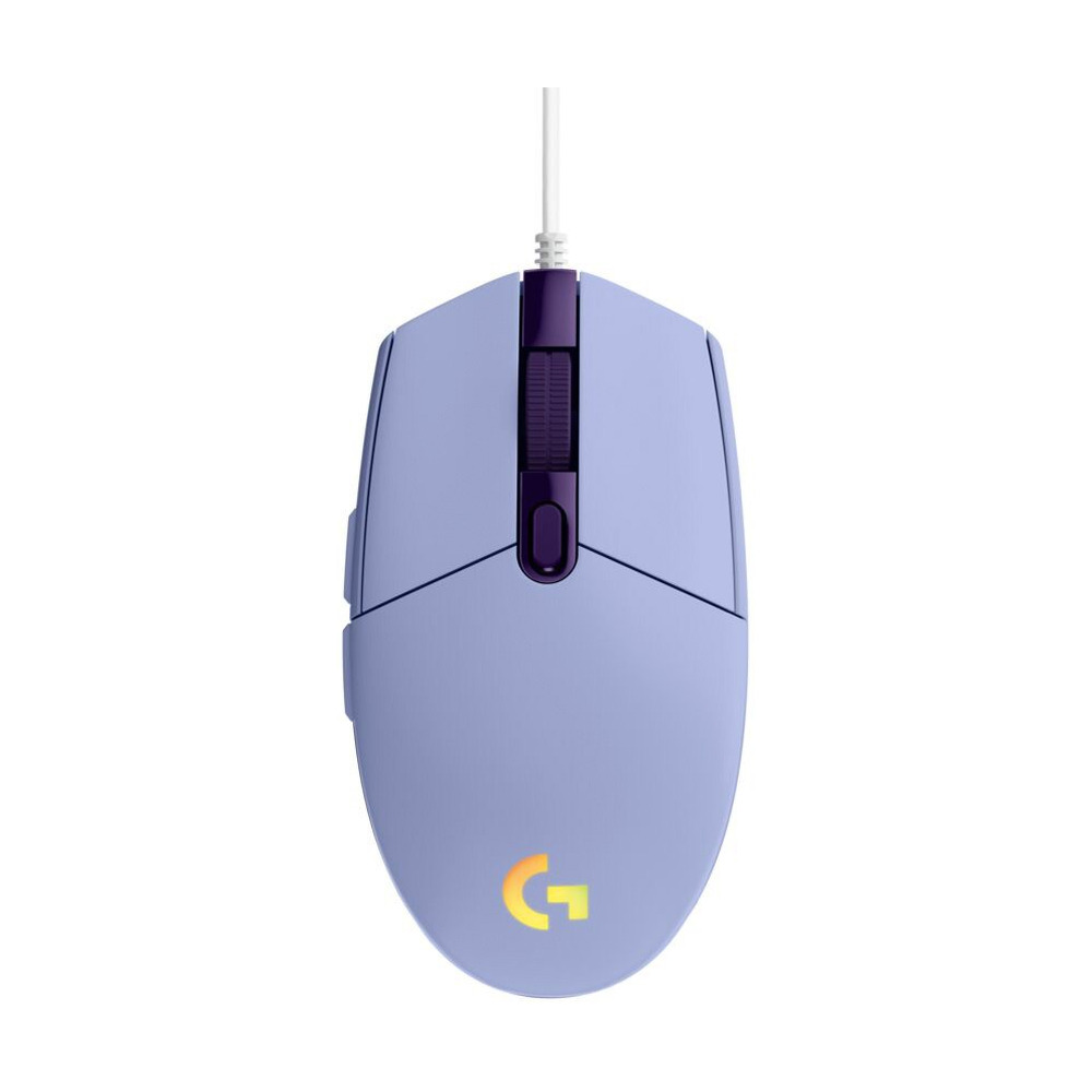 Mouse alámbrico gamer Logitech G203 color lila con diseño ergonómico y luz LED RGB frontal