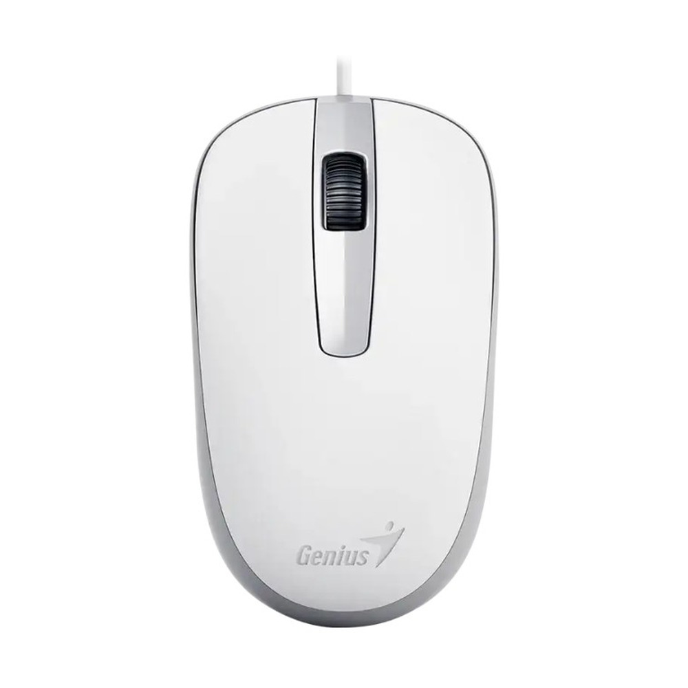 Mouse alámbrico Genius DX-120 color blanco modelo 31010105102 visto desde el frente con diseño sencillo y rueda de desplazamiento negra