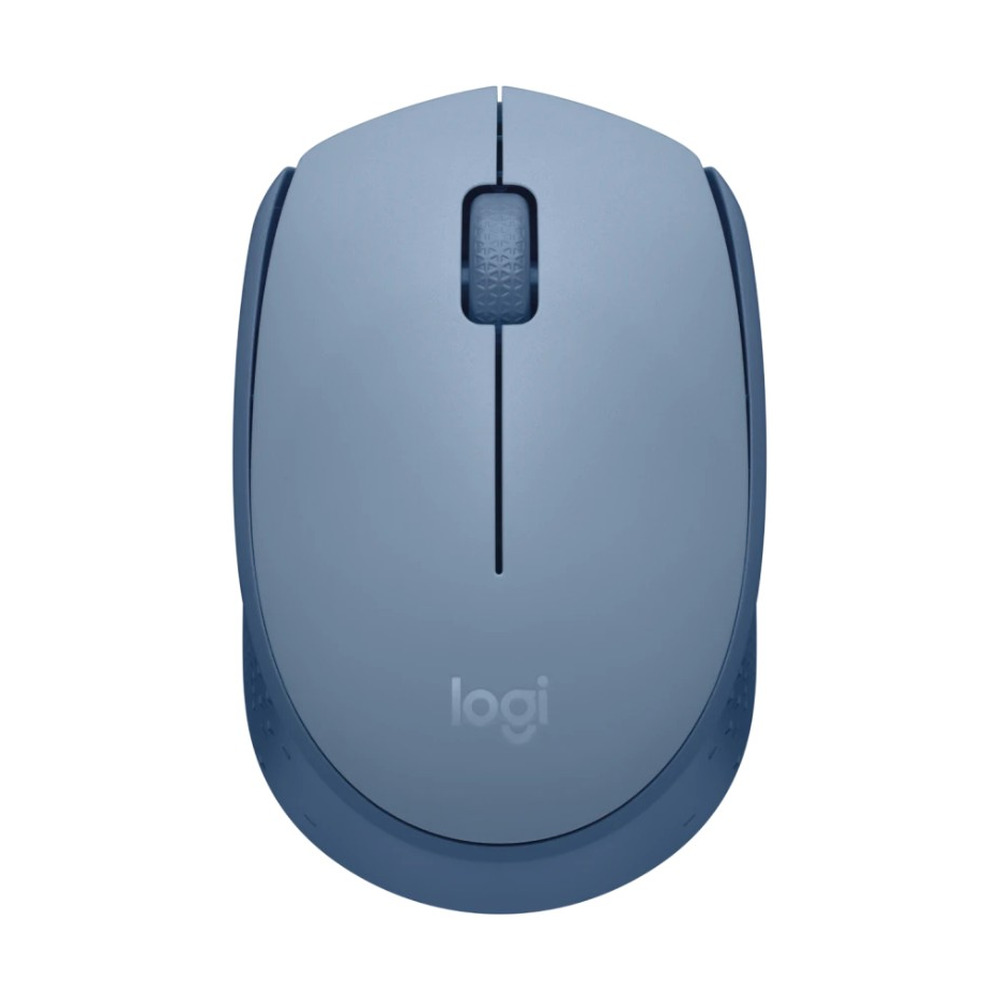 Mouse inalámbrico Logitech M170 color gris azulado vista frontal con rueda de desplazamiento y diseño ergonómico