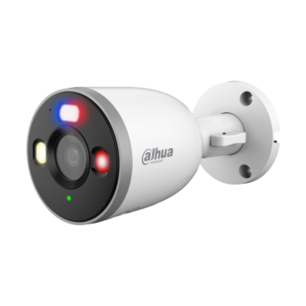 Cámara Dahua Bullet WI-FI 6, 5MP ,fija, Bluetooth pairing, Luz de advertencia roja y azul, IR30m, IP67, H.265, 12VDC, soporta micro SD hasta 256GB, Micrófono y altavoz integrados, detección humana y de vehiculos, Gestión desde la App DMSS (Dahua) DAHUA