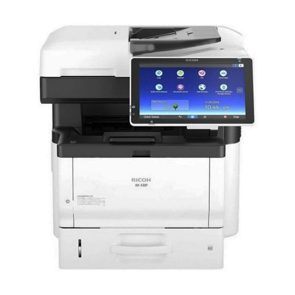 Multifuncional Ricoh IM 430F láser blanco y negro con pantalla táctil a color, vista frontal para impresión y escaneo