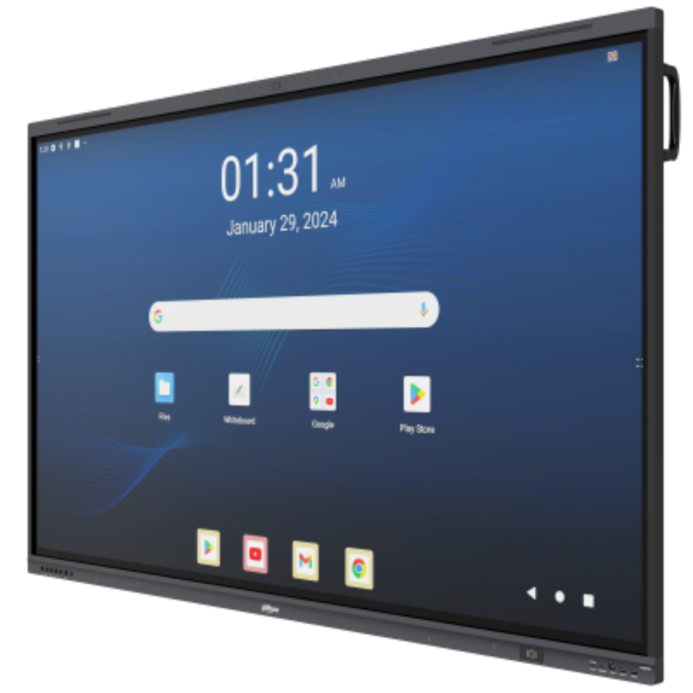 Pantalla interactiva Dahua DHI-LPH75-MC480-U de 75 pulgadas 4K UHD con cámara y micrófonos integrados mostrando interfaz Android 15