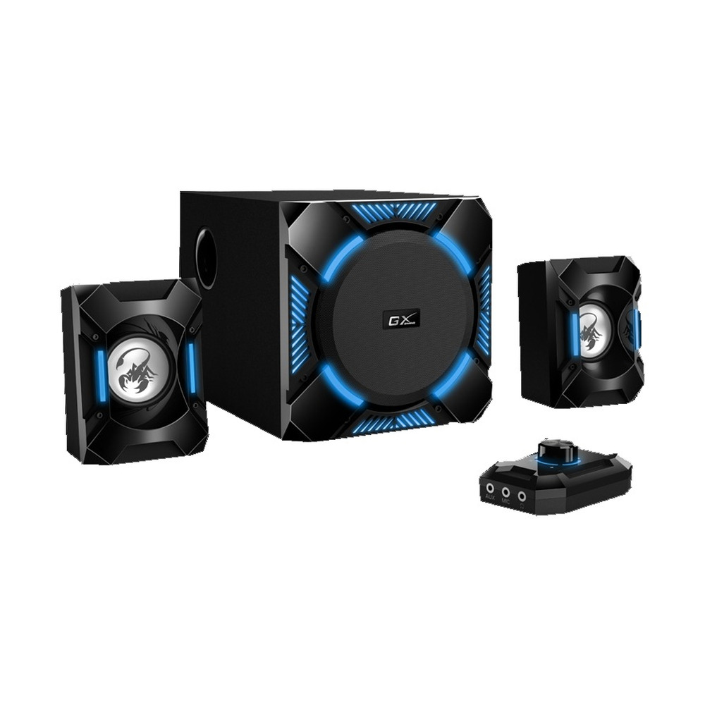 Parlante Genius Gamer SW-G2.1 con subwoofer negro y control de volumen, ideal para juegos y audio de alta calidad