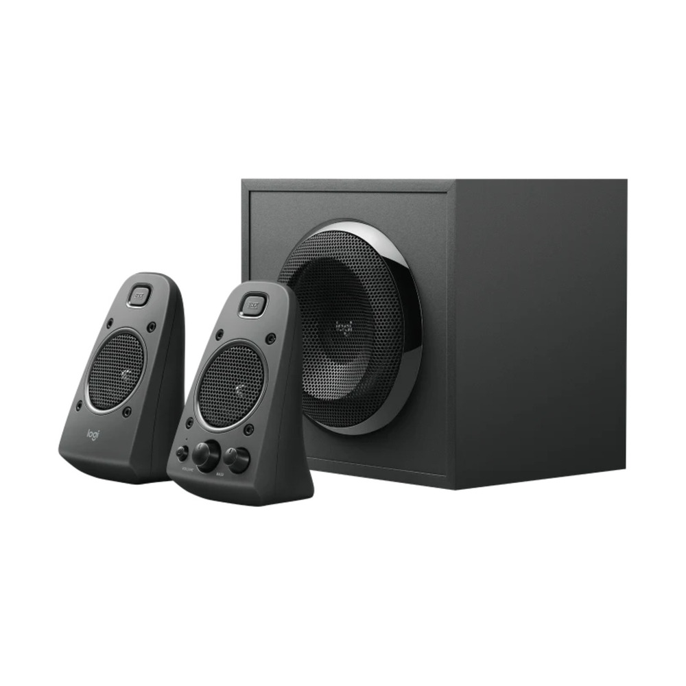 Parlante Logitech Z625 con potencia de 400W y subwoofer de 260W en color negro mostrando altavoces frontales y subwoofer