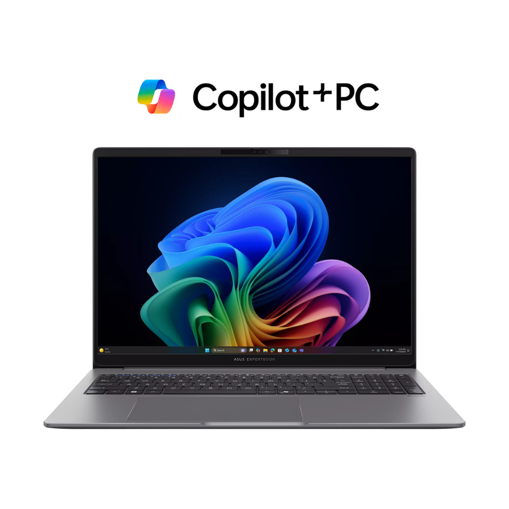 Portátil Asus ExpertBook P5 con procesador AMD Ryzen 5, 16GB RAM y 512GB SSD en pantalla frontal con logo Copilot