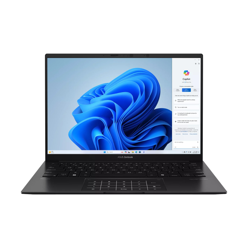 Portátil ASUS Zenbook 14 UM3406GA con procesador Ryzen AI 7, 16GB RAM, SSD 512GB y sistema Linux mostrando pantalla y teclado numérico