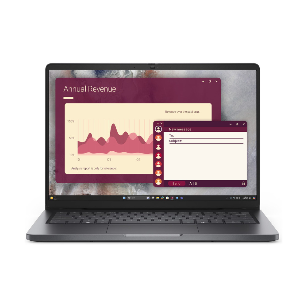 Portátil Dell Pro 14 modelo P193G-T5X8P con Intel Core i5, 16GB RAM, SSD 512GB y Windows 11 Pro mostrando gráficos y ventana de mensaje en pantalla