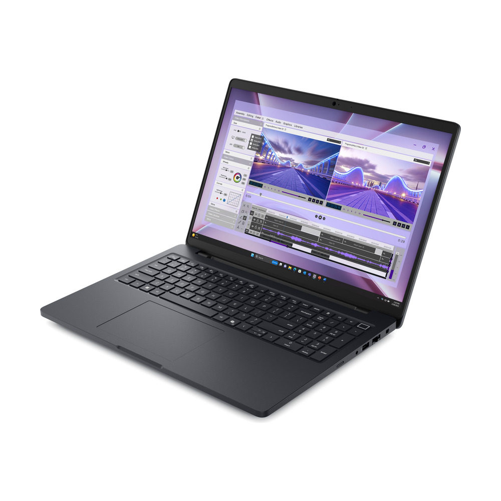 Portátil Dell Pro Max MC16250 modelo P136F con procesador Intel Ultra 5, 32GB RAM, SSD 1TB y tarjeta gráfica RTX 500 en vista frontal encendido