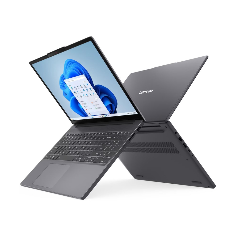 Portátil Lenovo IdeaPad Slim 3 modelo 83K1007PLM con procesador Intel i5, 8GB RAM, 512GB SSD y pantalla de 15 pulgadas en color gris mostrando vista frontal y t