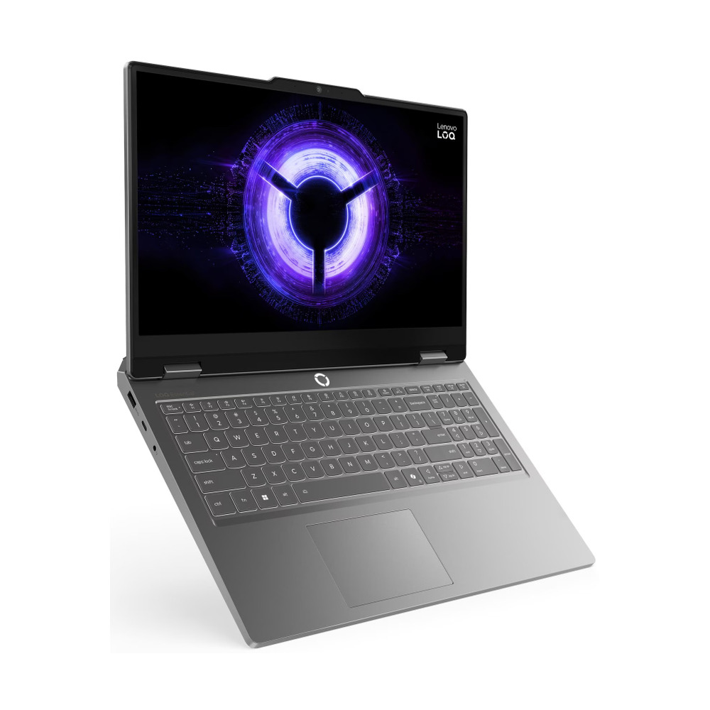 Portátil Lenovo LOQ modelo 83SC0067LM con procesador Intel i5, 16GB RAM, SSD 1TB y tarjeta Nvidia RTX 5060 en color gris abierto mostrando pantalla y teclado