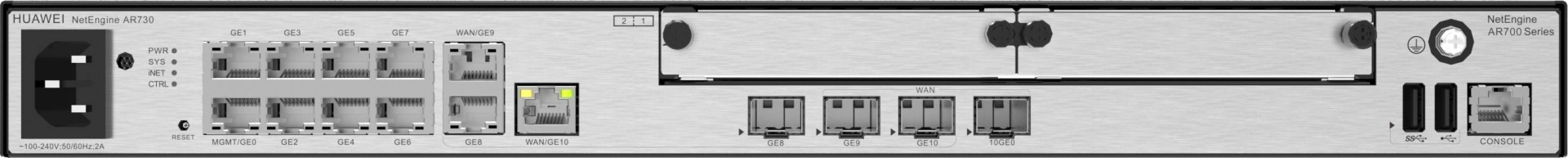 Frontal del router Huawei AR730 modelo 02354GBM-001 con 8 puertos LAN y 2 puertos WAN para redes empresariales