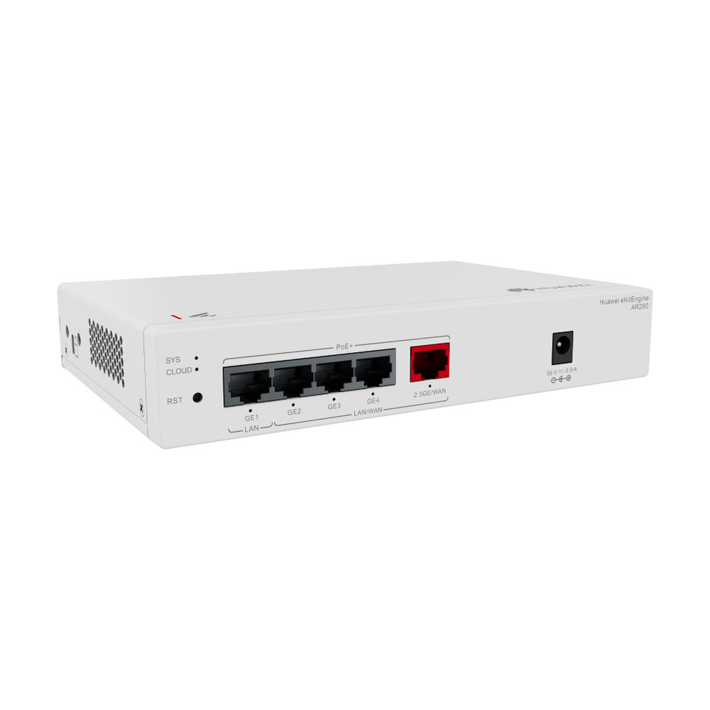 Router Huawei eKitEngine AR280 con 1 puerto 2.5GE WAN, 4 puertos GE LAN y alimentación PoE+ de 41W en color blanco