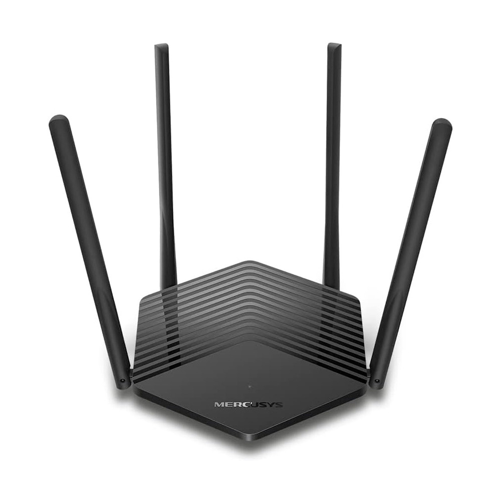 Router Mercusys MR60X AX1500 Dual Band Wi-Fi 6 con cuatro antenas en diseño hexagonal para uso en hogar y oficina
