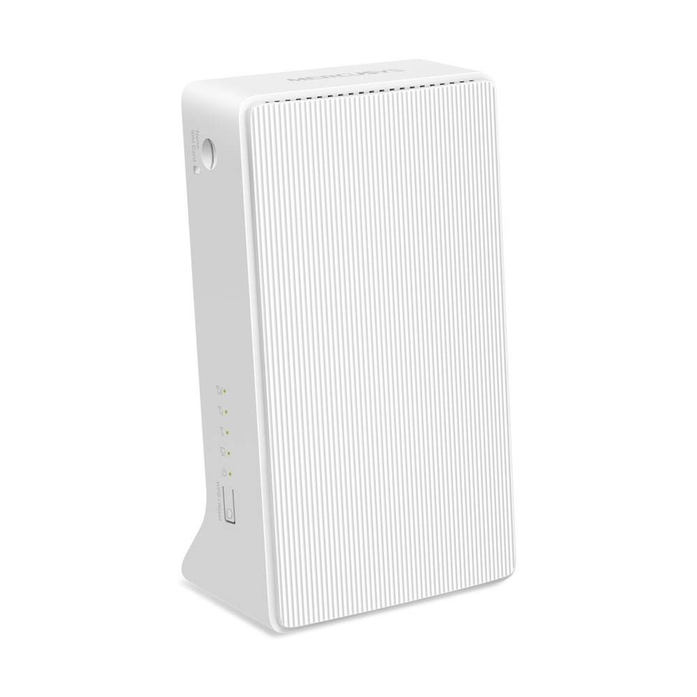 Router Mercusys TP-LINK MB130-4G AC1200 de doble banda 4G LTE en color blanco con diseño vertical frontal