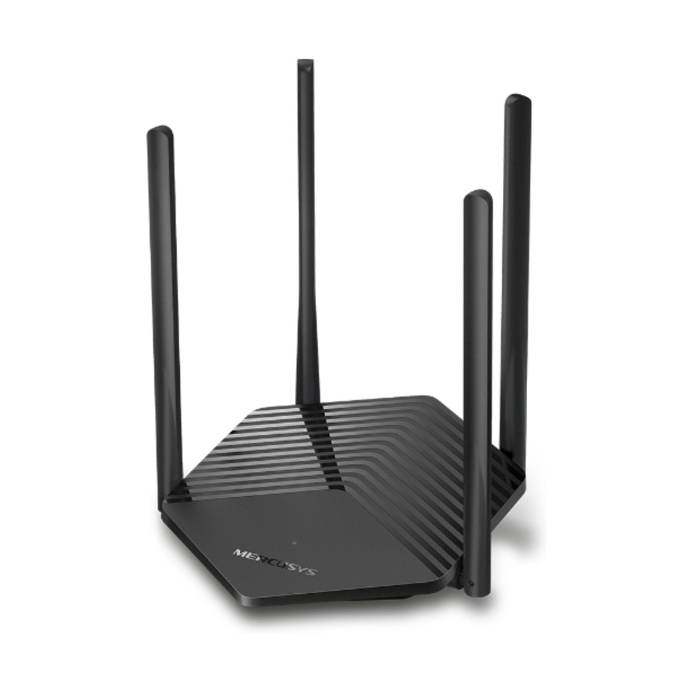 Router Mercusys modelo MR62X de TPLink con WiFi 6 doble banda AX1500 y cuatro antenas altas en color negro