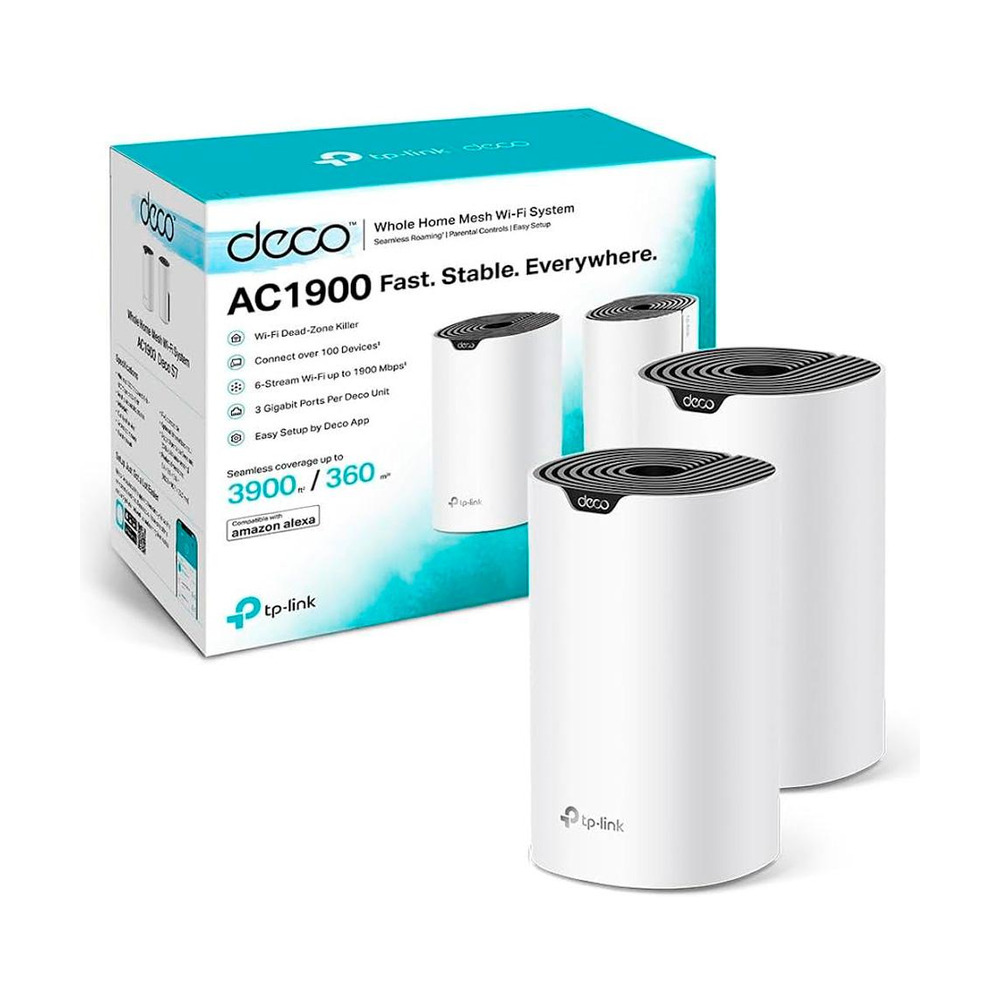 Router sistema de malla TPLINK Deco S7 2 unidades con tecnología Wi-Fi 6 y velocidad AC1900 junto a su caja original