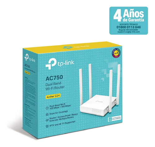 Caja del router TP-Link Archer C24 con wifi AC750 de doble banda y garantía de 4 años en Colombia