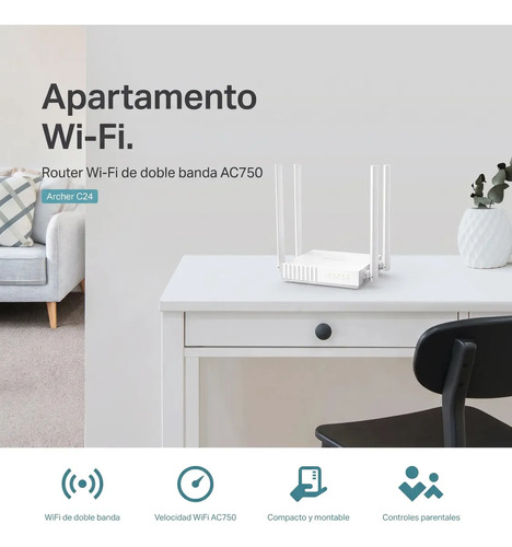 Router TP-Link Archer C24 wifi AC750 en uso sobre un mueble en apartamento mostrando su diseño compacto