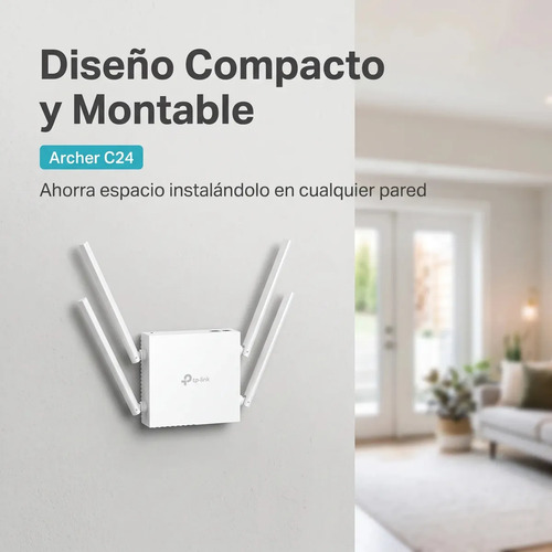 Router TP-Link Archer C24 wifi AC750 con diseño compacto y montable en pared para ahorrar espacio en el hogar