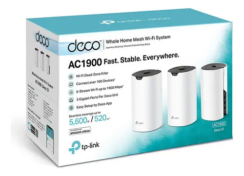 Caja original del sistema Wi-Fi Mesh TP-Link Deco S7 1-pack con especificaciones AC1900 y detalles de conectividad y dispositivos compatibles
