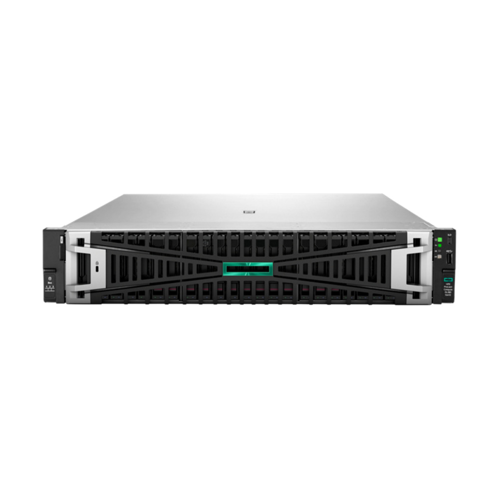 Servidor HPE DL380 Gen12 modelo P89235-DM5 con 12 núcleos, 2x32GB RAM, 8 bahías SFF y 2 SSD de 480GB en vista frontal