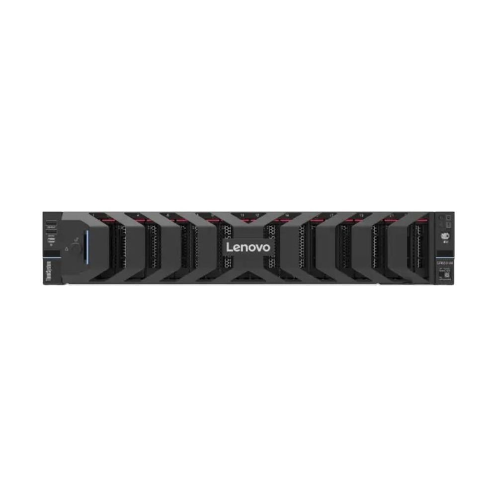 Servidor Lenovo ThinkSystem SR650 V4 con procesador Intel Xeon 12 núcleos, 32GB RAM y SSD 480GB visto de frente