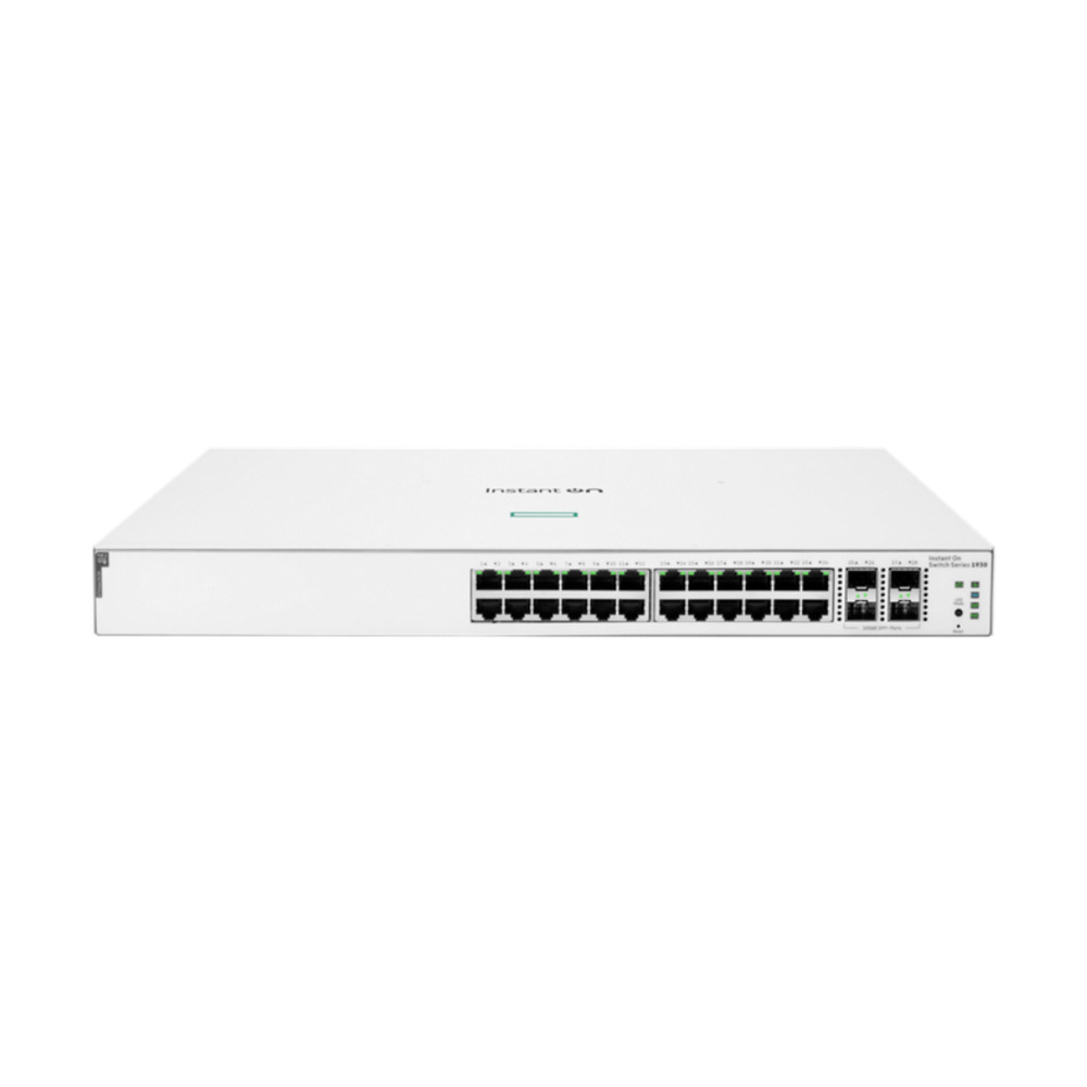 Switch Aruba Instant On modelo JL683B con 24 puertos PoE y 4 puertos SFP+ frontal mostrando conexiones y luces de estado